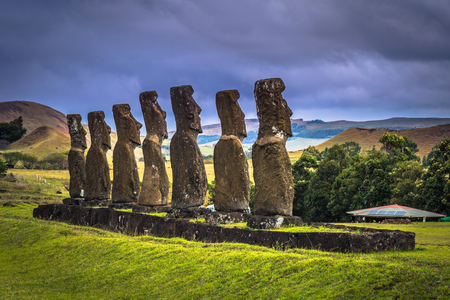 Ahu Akivi, Easter Island - July 11, 2017: Moai altar of Ahu Akiviの写真素材
