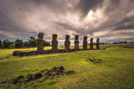 Ahu Akivi, Easter Island - July 11, 2017: Moai altar of Ahu Akiviの写真素材