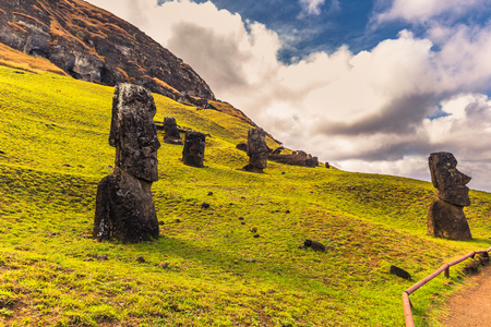 Ranu Raraku, Easter Island - July 10, 2017: Moai statues of Ranu Raraku, Easter Islandの写真素材