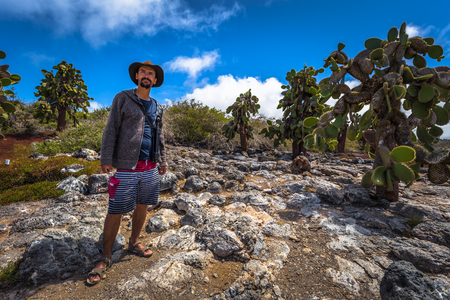 Galapagos Islands - August 24, 2017: Endemic cactuses in Plaza Sur island, Galapagos Islands, Ecuadorのeditorial素材
