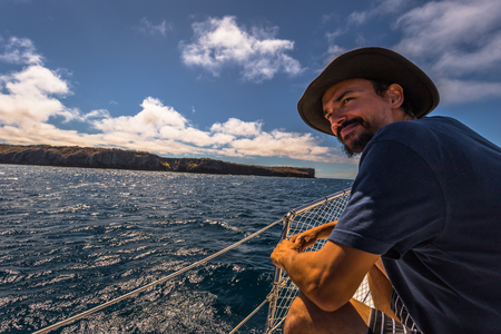 Galapagos Islands - August 24, 2017: Boat riding on the coast of Santa Cruz island, Galapagos Islands, Ecuadorのeditorial素材