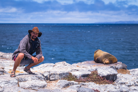 Galapagos Islands - August 24, 2017: Sealion sleeping in Plaza Sur island, Galapagos Islands, Ecuadorのeditorial素材
