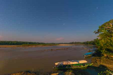 Manu National Park, Peru - August 08, 2017: Harbor of Boca Manu village in the Amazon rainforest of Manu National Park, Peruのeditorial素材