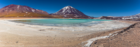 Landscape of the Green Lagoon in Eduardo Avaroa National Park, Boliviaの写真素材