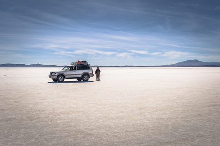 Uyuni Salt Flats - July 20, 2017: Tour cars at the Uyuni Salt Flats, Boliviaのeditorial素材