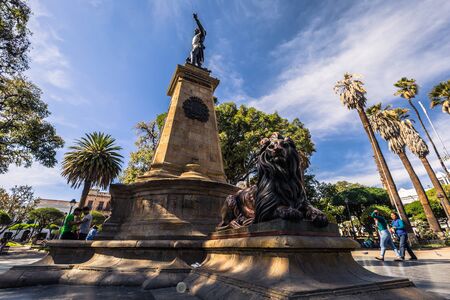 Sucre - July 21, 2017: Statue of freedom fighter in the center of Sucre, Bolivia