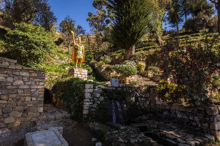 Sun Island - July 28, 2017: Footsteps to the top of Sun Island in lake Titicaca, Boliviaのeditorial素材