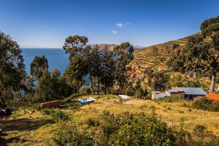 Sun Island - July 28, 2017: Panoramic view of Sun Island in lake Titicaca, Boliviaのeditorial素材