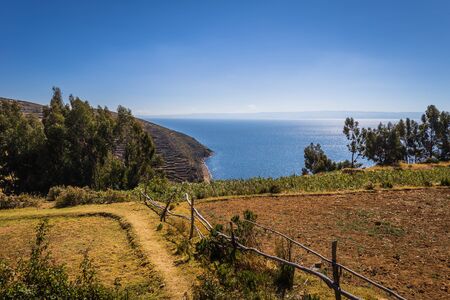 Panoramic view of Sun Island in lake Titicaca, Boliviaの写真素材