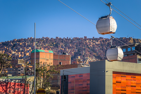 La Paz - July 26, 2017: Cable cars in a panoramic view of La Paz, Boliviaのeditorial素材