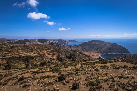 Panoramic view of Sun Island in lake Titicaca, Boliviaの写真素材
