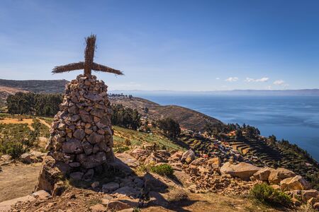 Sun Island - July 28, 2017: Panoramic view of Sun Island in lake Titicaca, Boliviaの写真素材