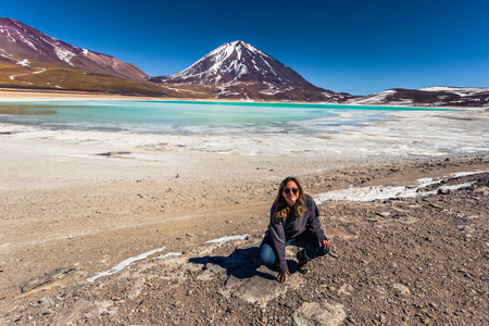 Eduardo Avaroa National Park - July 18, 2017: Tourist in the Green Lagoon in Eduardo Avaroa National Park, Boliviaのeditorial素材