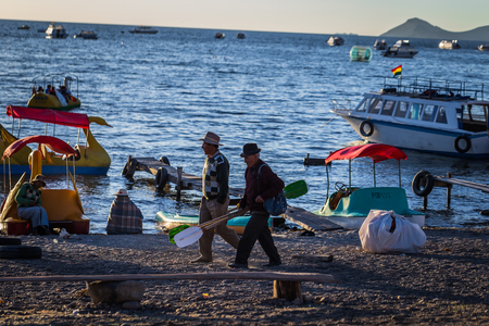 Copacabana - July 29, 2017: Local Bolivians in the town of Copacabana, Boliviaのeditorial素材