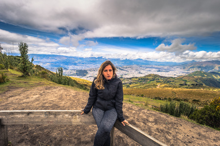 Quito - August 21, 2018: Tourist overlooking the city of Quito, Ecuadorのeditorial素材