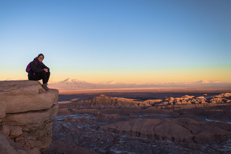 Atacama Desert, Chile - Traveler at the Andes at sunset in the Atacama Desert, Chileのeditorial素材