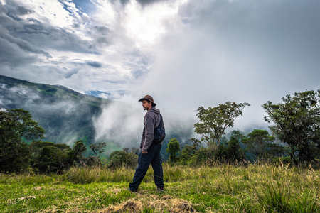 Baños - August 19, 2018: Tourist in Casa de Arbol in Baños, Ecuadorのeditorial素材