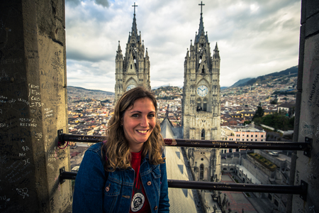 Quito - August 17, 2018: Tourist in the Basilica of the National Vote in Quito, Ecuadorのeditorial素材