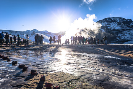 Atacama Desert, Chile - Travelers in the El Tatio geysers in the Atacama Desert, Chileのeditorial素材