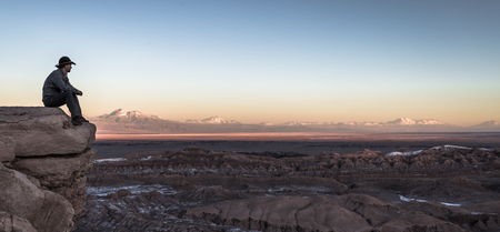Atacama Desert, Chile - Traveler at the Andes at sunset in the Atacama Desert, Chileのeditorial素材