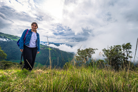 Baños - August 19, 2018: Tourist in Casa de Arbol in Baños, Ecuadorのeditorial素材