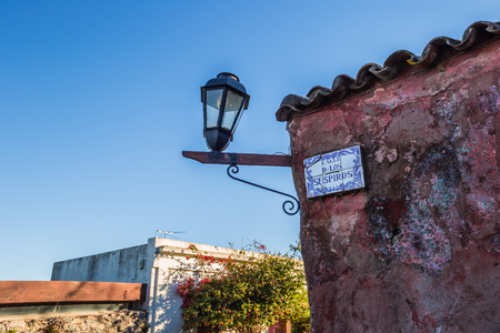 Colonia Del Sacramento - July 02, 2017: Street light in the old town of Colonia Del Sacramento, Uruguayのeditorial素材