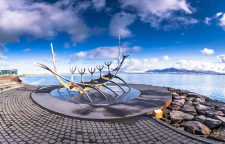 Reykjavik - May 02, 2018: The Sun Voyager statue in Reykjavik, Icelandのeditorial素材