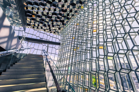Reykjavik - May 02, 2018: Inside the Harpa Opera house in Reykjavik, Icelandのeditorial素材