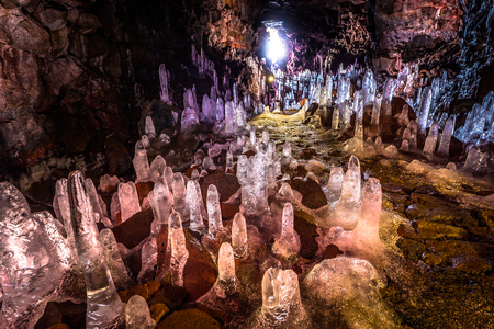 Ice crystals inside the Raufarholshellir lava tunnels, Icelandの写真素材