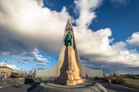 Reykjavik - May 01, 2018: Statue of Leif Erikson in the center of Reykjavik, Icelandのeditorial素材