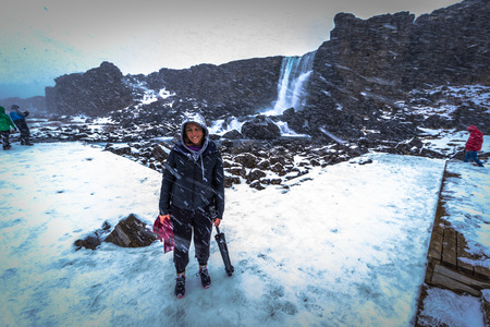 Oxararfoss - May 03, 2018: Traveler at the Oxararfoss waterfall, Icelandのeditorial素材