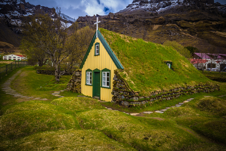 Turf church in the town of Hof, Icelandの写真素材