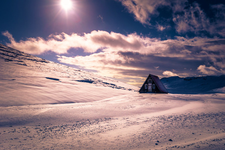 Icelandic landscape - May 03, 2018: An isolated wooden lodge in the wilderness of Icelandのeditorial素材