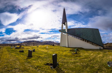 Icelandic countryside - May 09, 2018: Modern church in the countryside of Icelandのeditorial素材