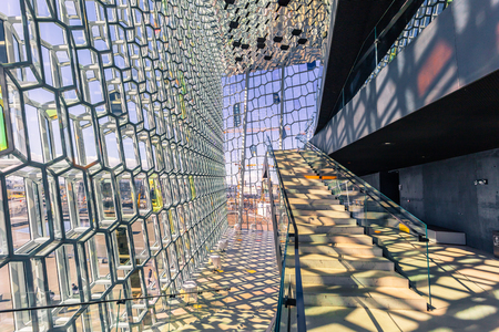 Reykjavik - May 02, 2018: Inside the Harpa Opera house in Reykjavik, Icelandのeditorial素材