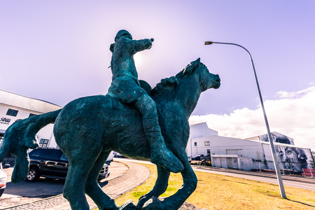 Reykjavik - May 02, 2018: Viking statue at the Saga Museum in Reykjavik, Icelandのeditorial素材