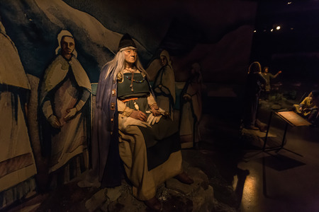 Reykjavik - May 02, 2018: Sculptures from the Viking age in the Saga Museum in Reykjavik, Icelandのeditorial素材