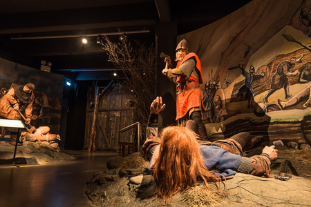 Reykjavik - May 02, 2018: Sculptures from the Viking age in the Saga Museum in Reykjavik, Icelandのeditorial素材
