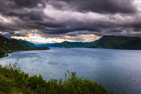 Landscape of a wide fjord in the Lofoten Islands, Norwayの写真素材