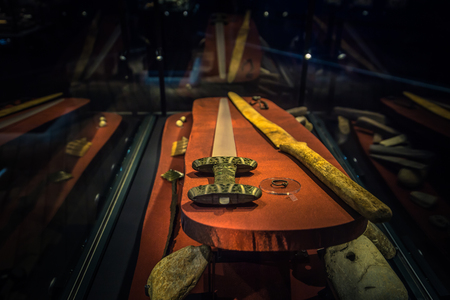 Borg - June 15, 2018: Viking age weapons in the Lofotr Viking Museum at the town of Borg in the Lofoten Islands, Norwayのeditorial素材