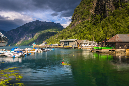 Geiranger - July 30, 2018: Harbor in the UNESCO town of Geiranger, Norwayのeditorial素材