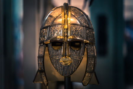 London - August 06, 2018: Replica of an ancient Anglo-Saxon helmet in the Brtitish Museum in London, Englandのeditorial素材