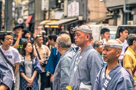 Tokyo - May 19, 2019: People celebrating the Sanja Matsuri festival in traditional clothes in Asakusa, Tokyo, Japanのeditorial素材