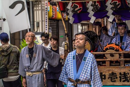 Tokyo - May 19, 2019: People celebrating the Sanja Matsuri festival in traditional clothes in Asakusa, Tokyo, Japanのeditorial素材