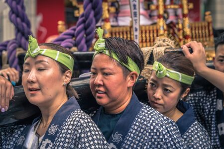 Tokyo - May 19, 2019: People celebrating the Sanja Matsuri festival in traditional clothes in Asakusa, Tokyo, Japanのeditorial素材