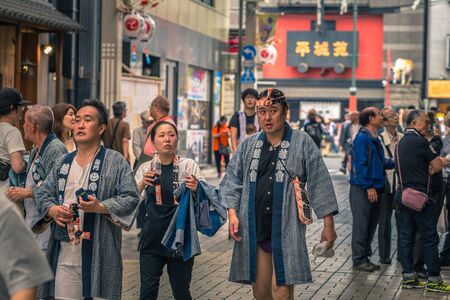 Tokyo - May 19, 2019: People celebrating the Sanja Matsuri festival in traditional clothes in Asakusa, Tokyo, Japanのeditorial素材