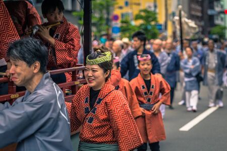 Tokyo - May 19, 2019: People celebrating the Sanja Matsuri festival in traditional clothes in Asakusa, Tokyo, Japanのeditorial素材