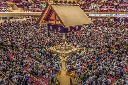 Tokyo - May 19, 2019: Sumo wrestling match in the Ryogoku arena, Tokyo, Japanのeditorial素材