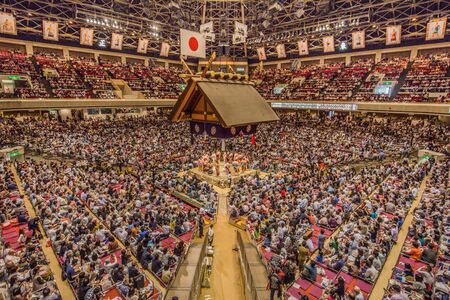 Tokyo - May 19, 2019: Sumo wrestling match in the Ryogoku arena, Tokyo, Japanのeditorial素材