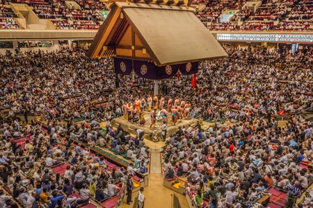Tokyo - May 19, 2019: Sumo wrestling match in the Ryogoku arena, Tokyo, Japanのeditorial素材